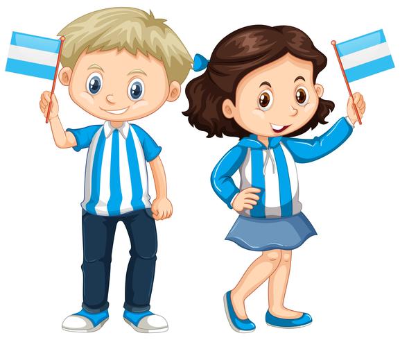 Niño y niña, tenencia, bandera argentina vector