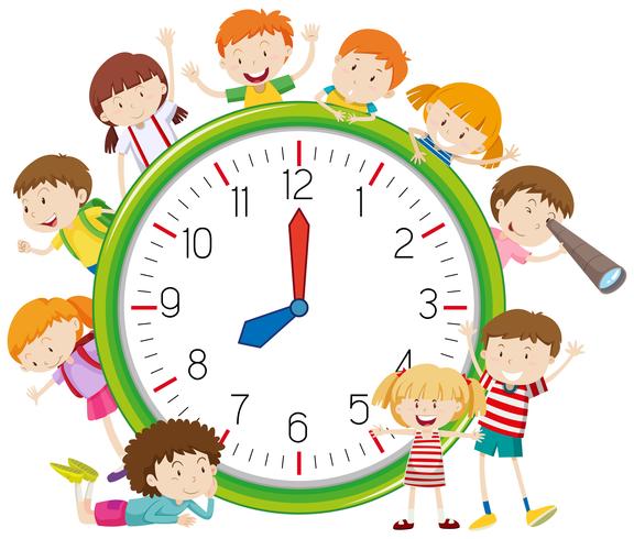 Niños alrededor de un reloj vector