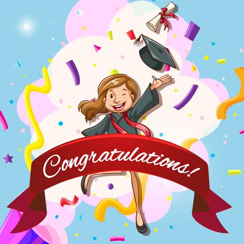 Card template for congratulations with woman in graduation gown vector