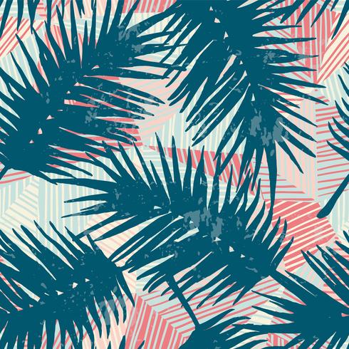 Seamless exotic pattern with tropical palm leaves on geometric background. vector