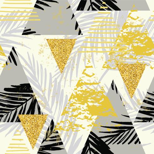 Seamless exotic pattern with palm leaves on geometric background vector