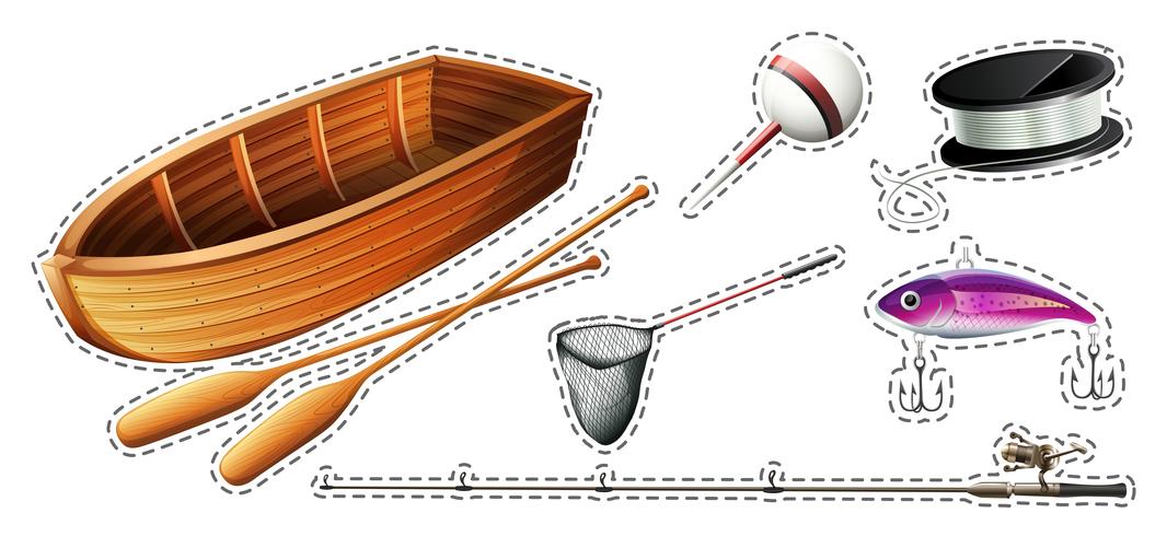 Fishing set with boat and equipments vector