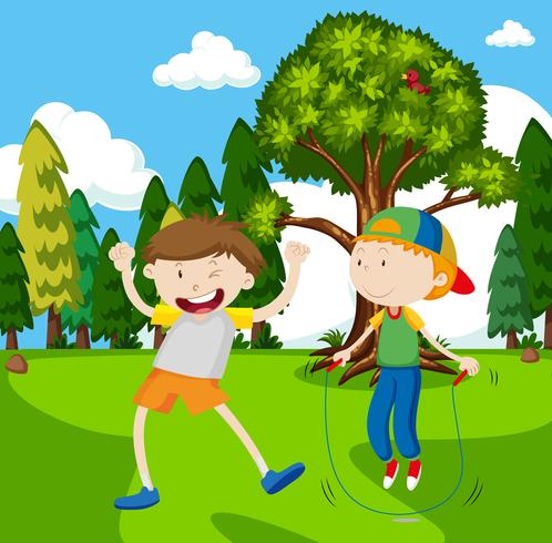 Two boys playing jumprope in park vector