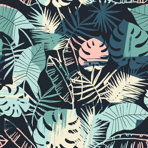 Seamless exotic pattern with tropical plants and artistic background vector