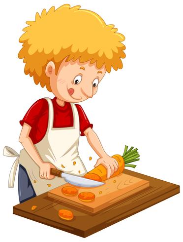 Hombre cortando zanahoria en tabla de cortar vector