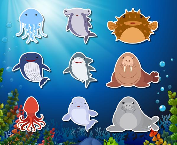 Set of underwater animals sticker vector