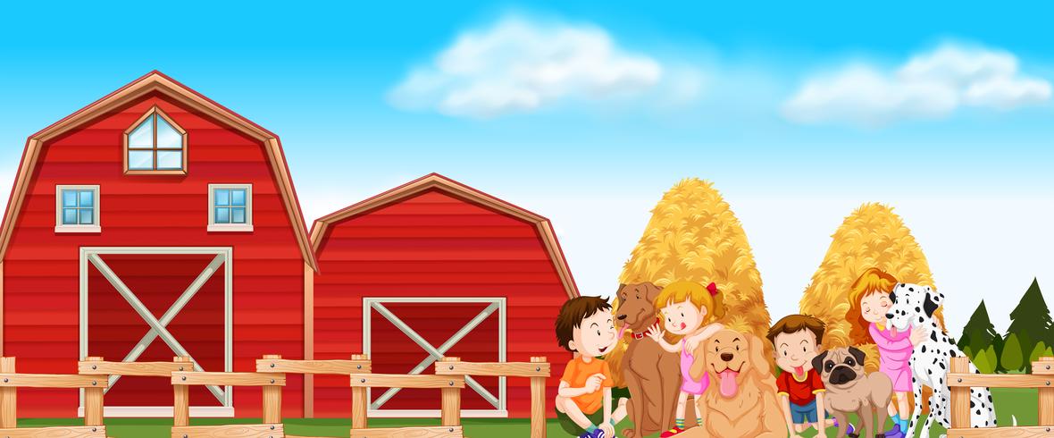 Children and dogs in the farm vector