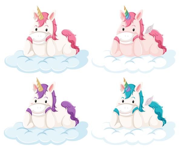 Set of unicorn on cloud vector