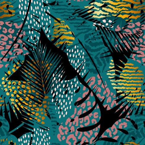 Trendy seamless exotic pattern with palm and animal prints. vector