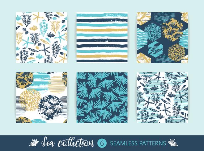 Set of Trendy sea seamless patterns with hand texture and geometric elements vector