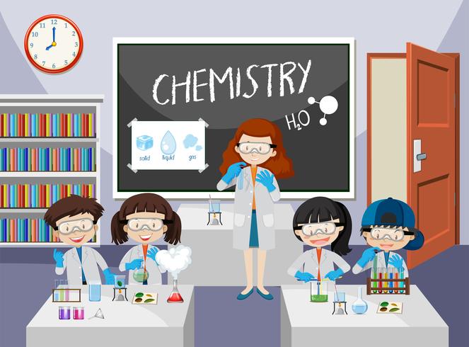 Los estudiantes experimentan en la clase de química. vector