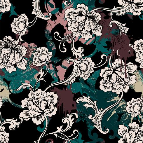 Eclectic seamless pattern with spray paint and Baroque ornament. vector