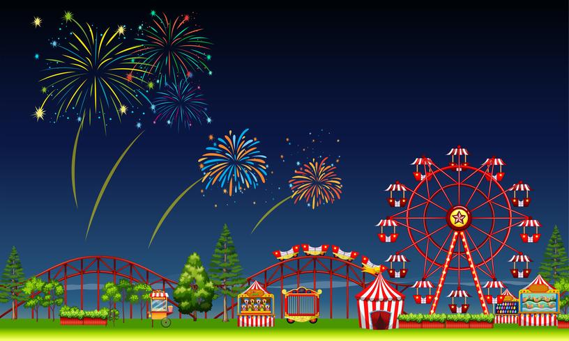 Amusement park scene at night with fireworks vector