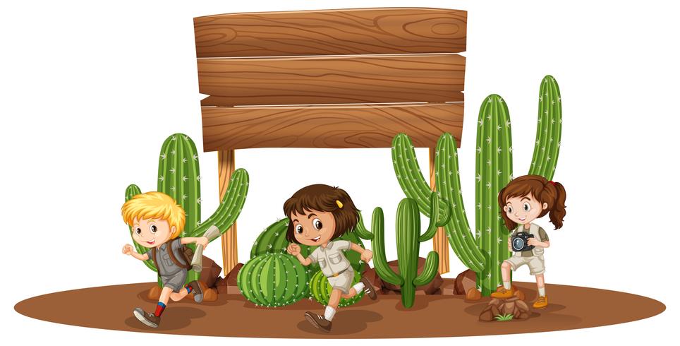 Wooden board with three kids in desert vector