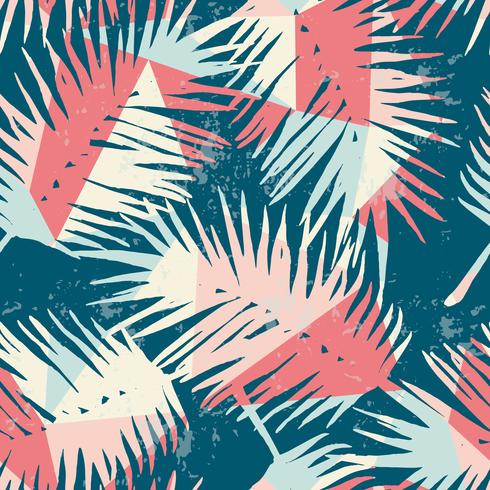 Seamless exotic pattern with tropical palm leaves on geometric background. vector