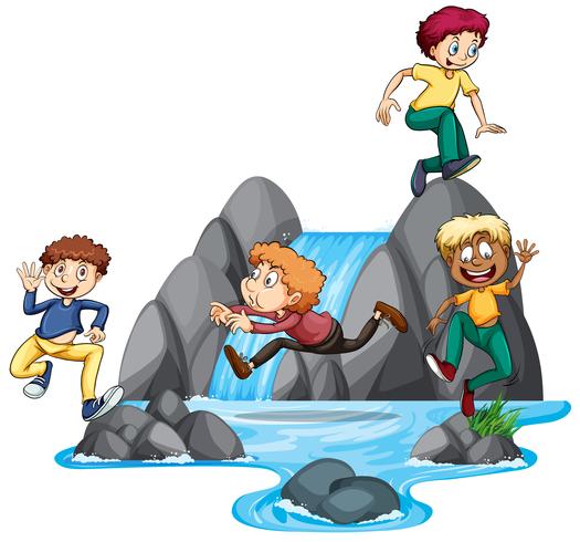 Boys Playing at Waterfall vector