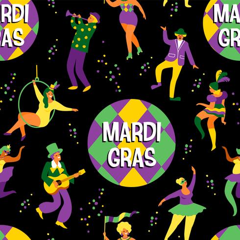 Mardi Gras. Patrón sin fisuras con divertidos hombres y mujeres bailando en trajes brillantes vector