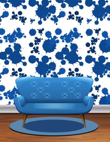 Blue sofa in room with blue splash wallpaper vector