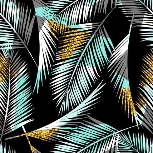 Seamless exotic pattern with palm leaf silhouettes. Gold glitter texture. vector