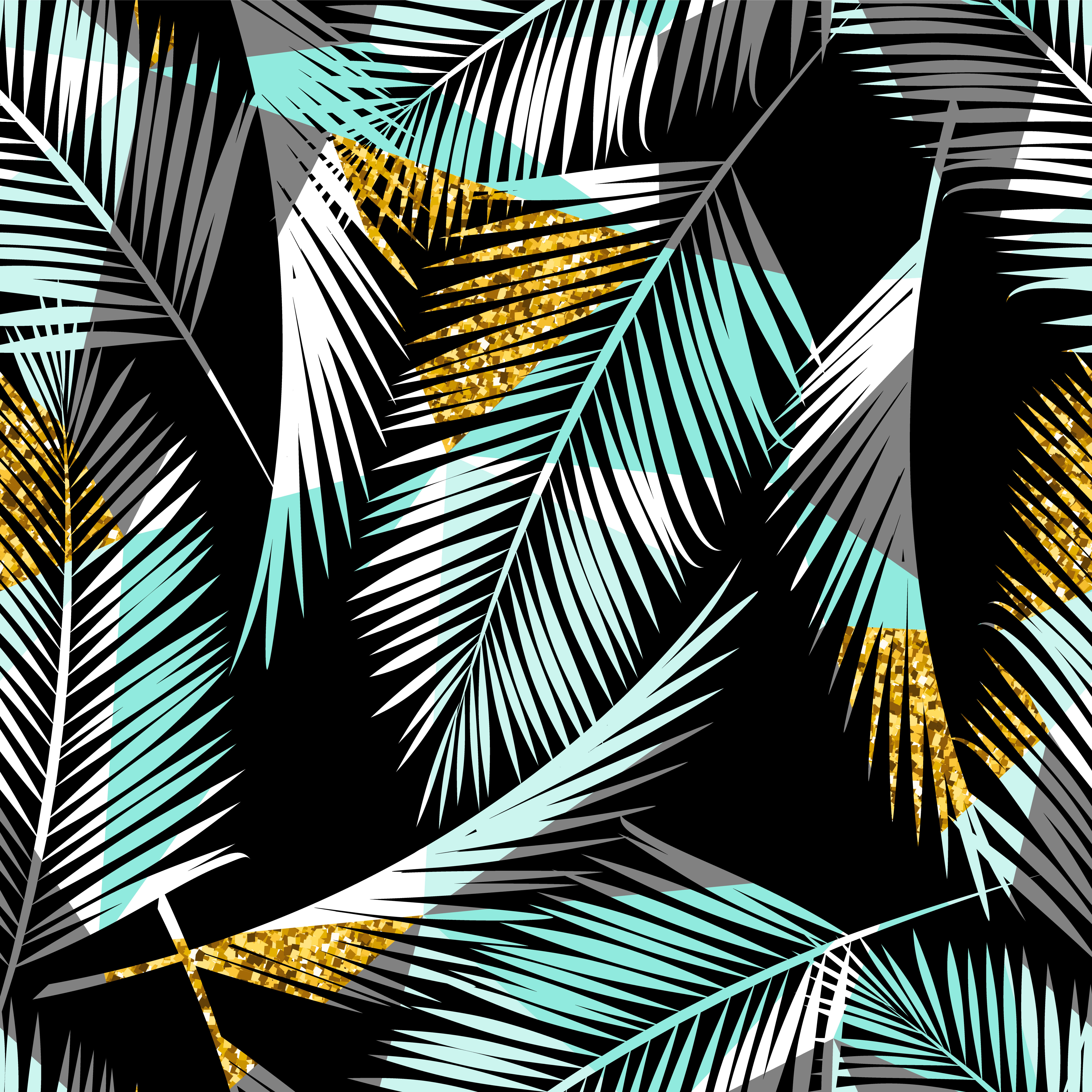 Seamless exotic pattern with palm leaf silhouettes. Gold glitter