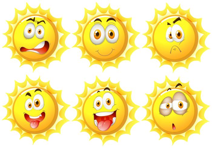 Sun with different facial expressions vector