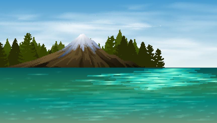 Escena de fondo con lago y montaña vector