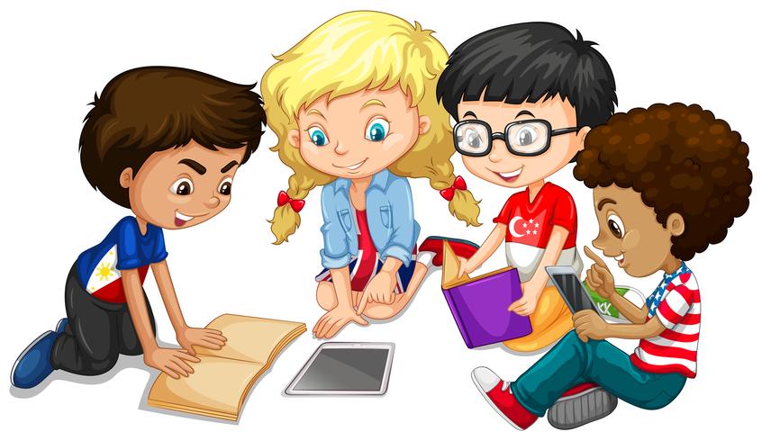 Group of children doing homework vector