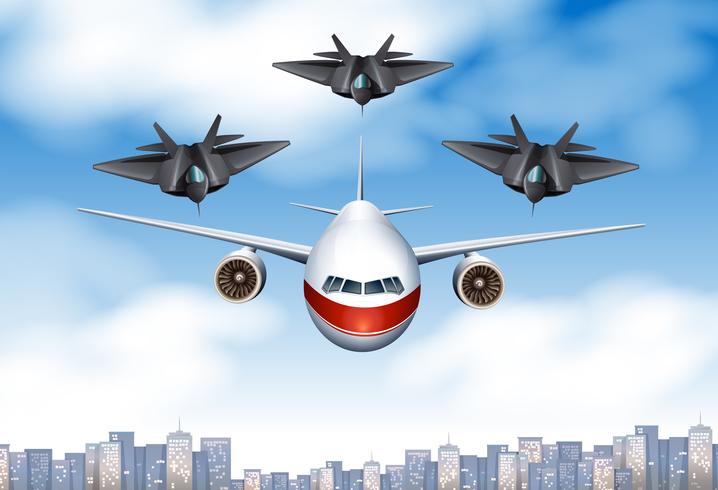 One commercial airplane and three fighting planes in the sky - Download Free Vector Art, Stock Graphics & Images