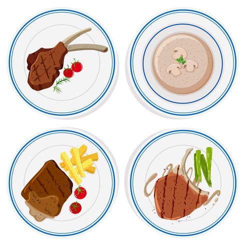 Four plates of steaks and soup vector