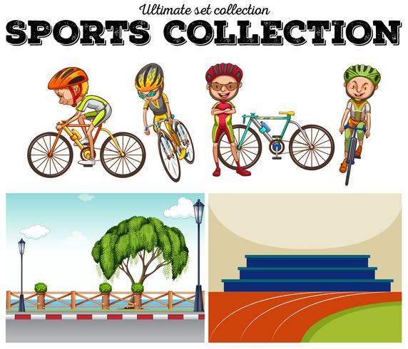 Bikers with bicycle and racing scenes vector