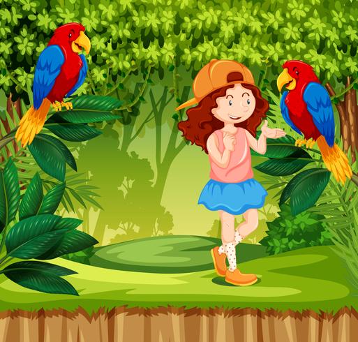 A red hair girl in jungle with parrot vector
