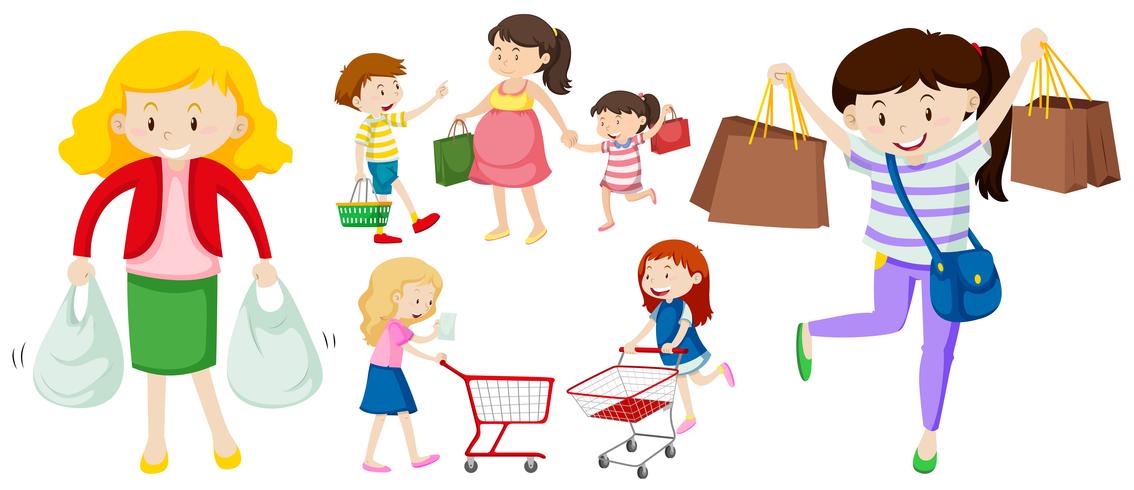 People with shopping bags and cart vector