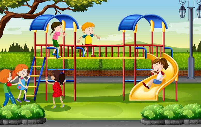 Niños y niñas jugando en el patio de recreo. vector