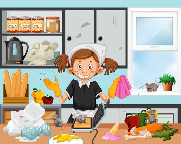 Dirty kitchen scene with housekeeper vector