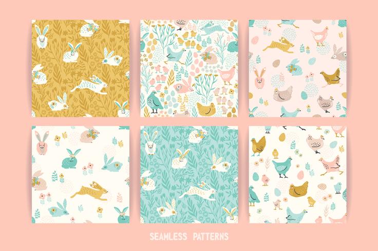Vector seamless patterns with bunnies and chicken for Easter and other users.