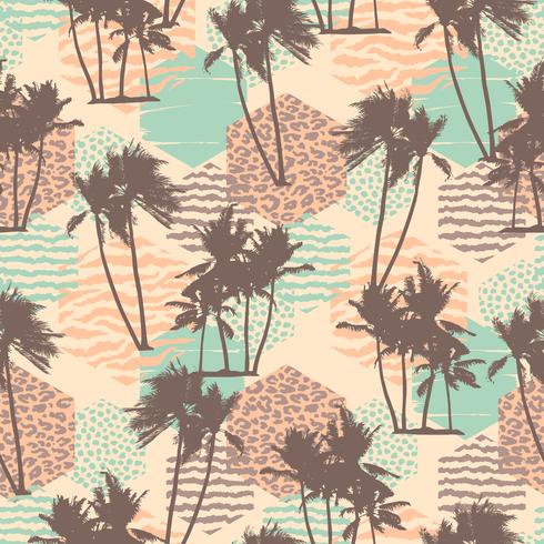 Seamless exotic pattern with tropical palms and geometric background. vector