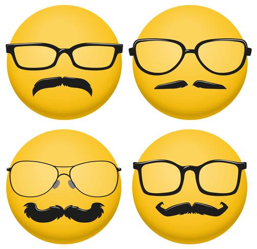 Diferentes estilos de gafas y bigotes en bola amarilla. vector