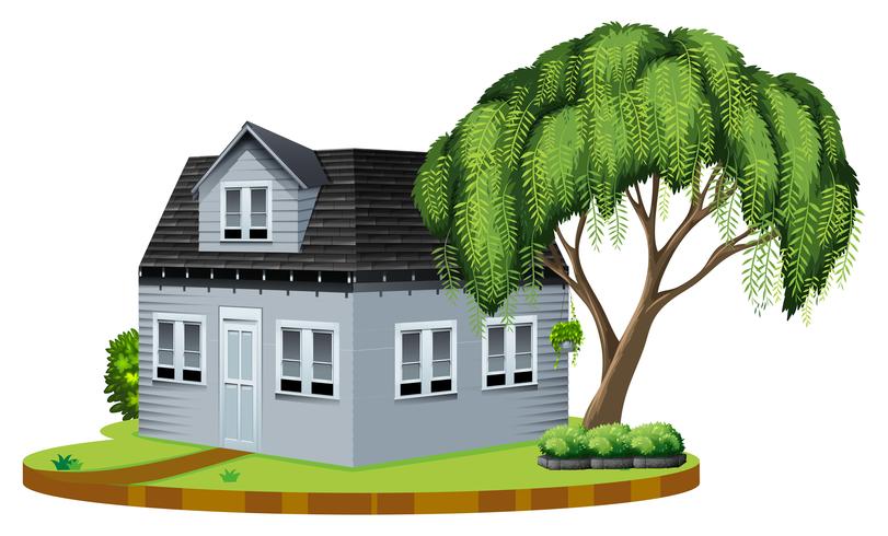 Casa gris con gran arbol en cesped vector