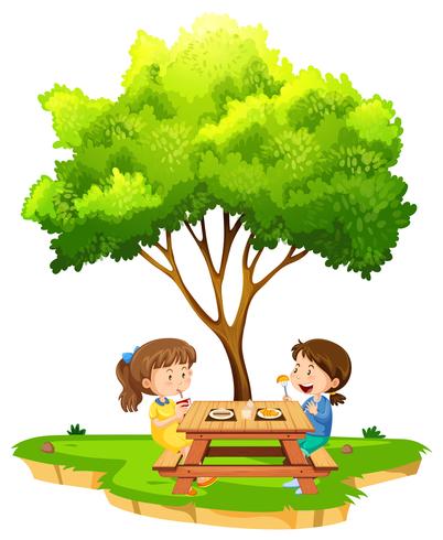 Two girls eating under a tree vector