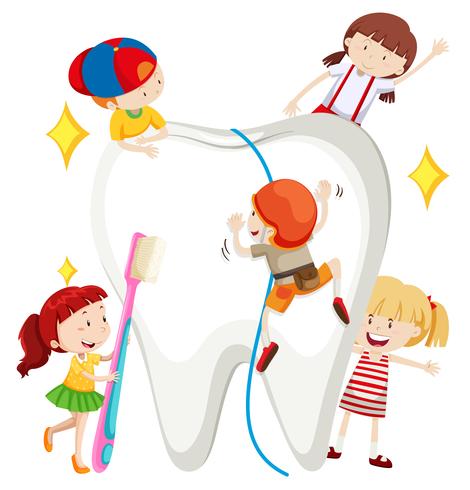 Niños y niñas limpiando los dientes. vector