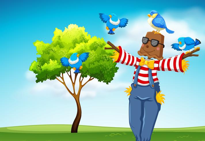 Scarecrow with blue birds scene vector