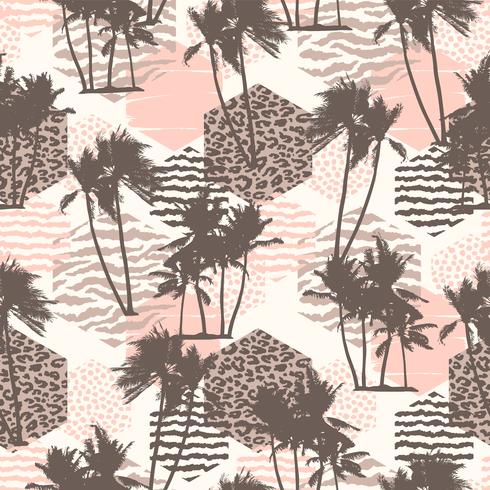 Seamless exotic pattern with tropical palms and geometric background. vector