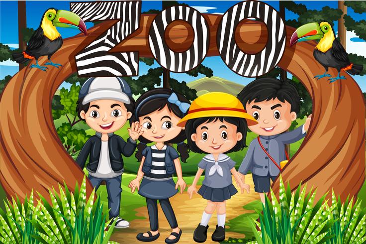 Children standing under the zoo sign vector