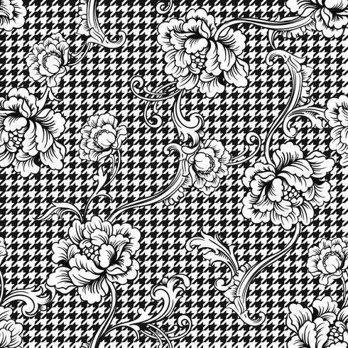 Eclectic fabric plaid seamless pattern with baroque ornament. vector