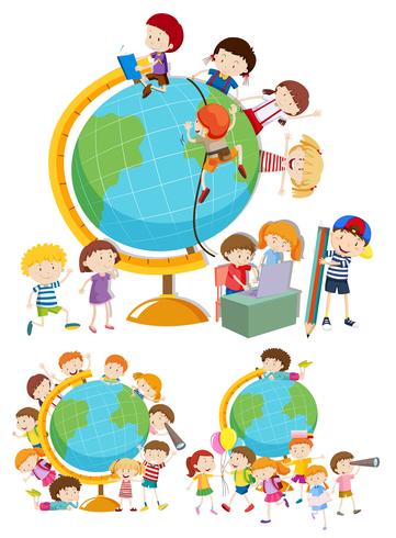 Set of children and globes vector