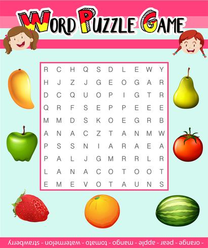 Word puzzle game template with fruit theme vector