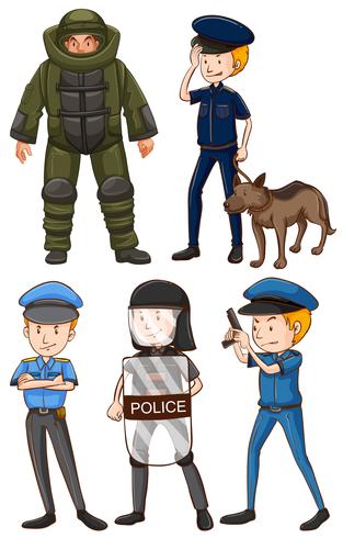 Policía en diferentes uniformes. vector