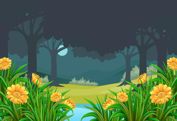 Escena con campo de flores en el bosque por la noche vector