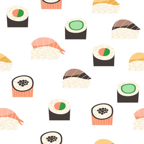 Patrón sin fisuras con diferentes tipos de sushi. vector