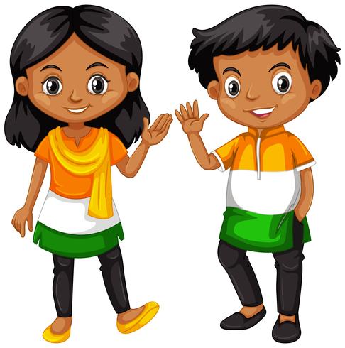 Niño y niña de la India agitando las manos. vector